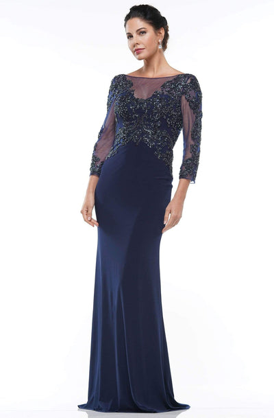 Marsoni By Colors - MV1017 Beaded Lace Illusion Neck Jersey Gown Mother of the Bride Dresses 4 / Navy