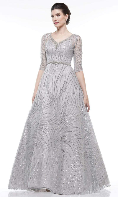 Marsoni By Colors - MV1020 Sequined Quarter Length Sleeve A-line Gown Special Occasion Dress 4 / Silver