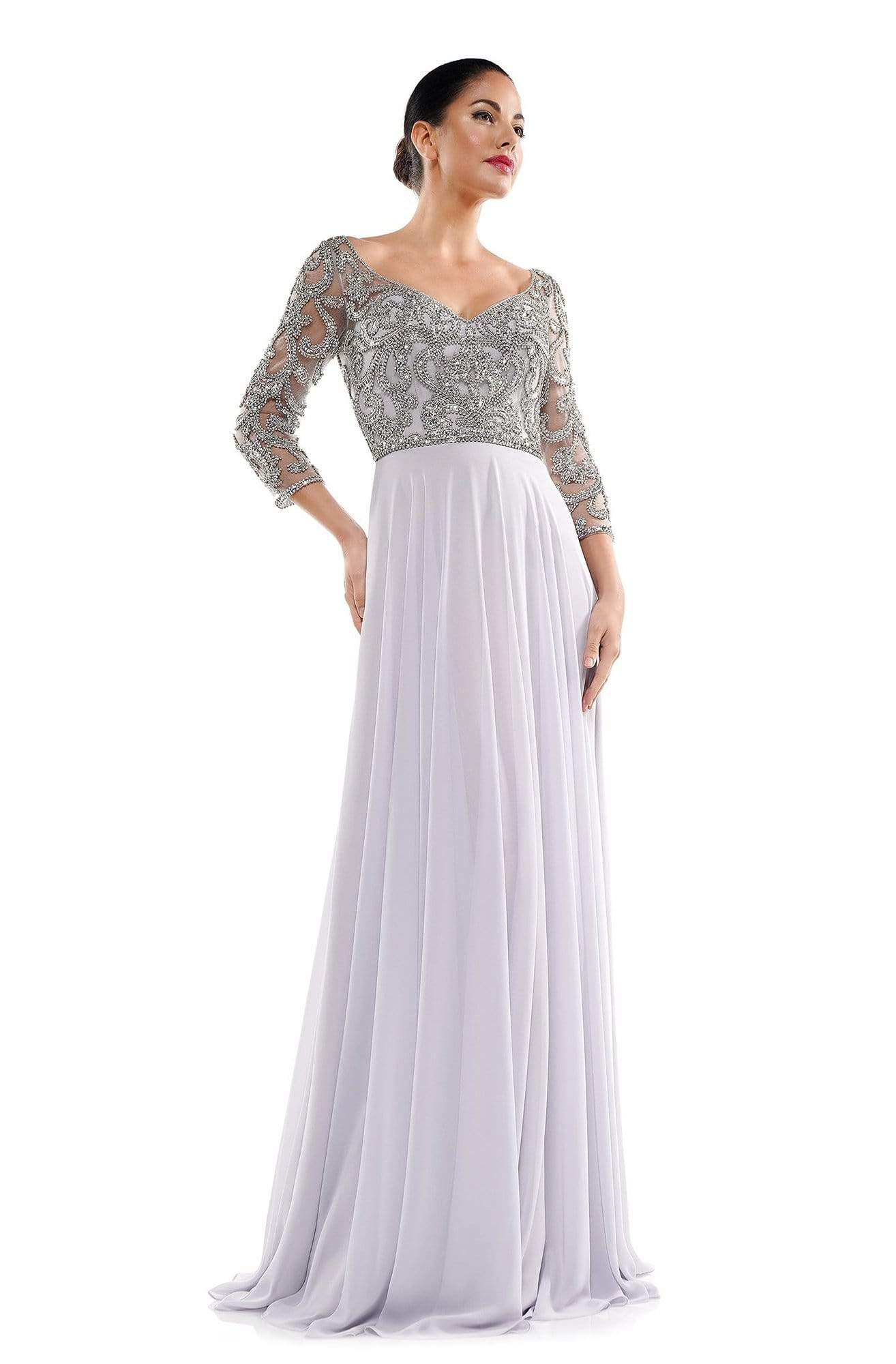 Marsoni by Colors - MV1042 Beaded Wide V-neck A-line Dress Mother of the Bride Dresses 6 / Silver