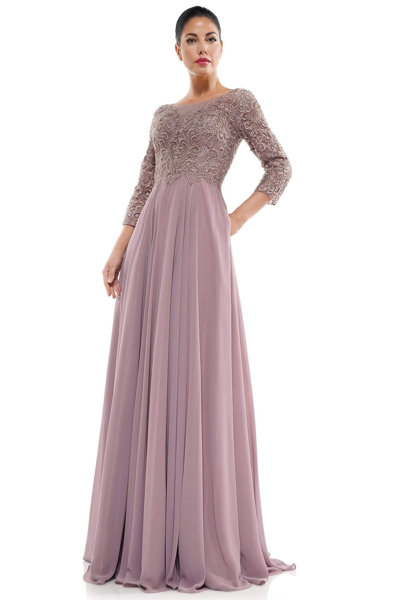 Marsoni by Colors - Quarter Sleeve Embroidered Lace Bodice A-Line Chiffon Gown MV1052 - 1 pc Mauve In Size 6 Available CCSALE 6 / Mauve