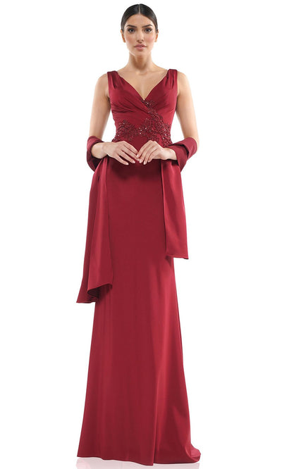 Marsoni by Colors - Beaded Lace Appliqued Sleeveless V Neck Long Gown MV1054SC In Red