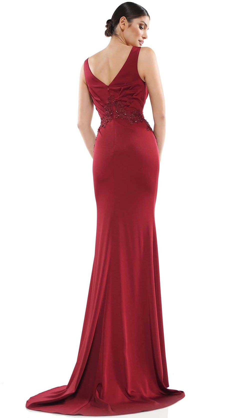 Marsoni by Colors - Beaded Lace Appliqued Sleeveless V Neck Long Gown MV1054SC In Red