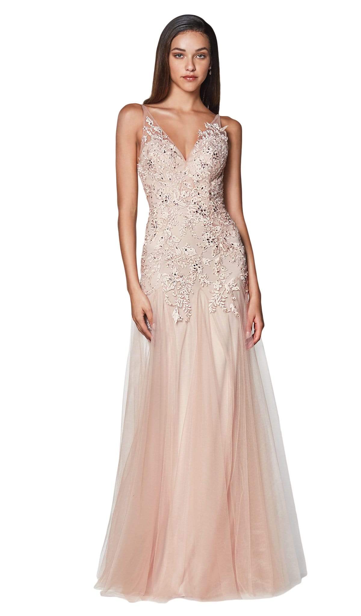 Cinderella Divine - CJ503 Lace Appliqued Trumpet Evening Dress Evening Dresses 2 / Soft Mauve
