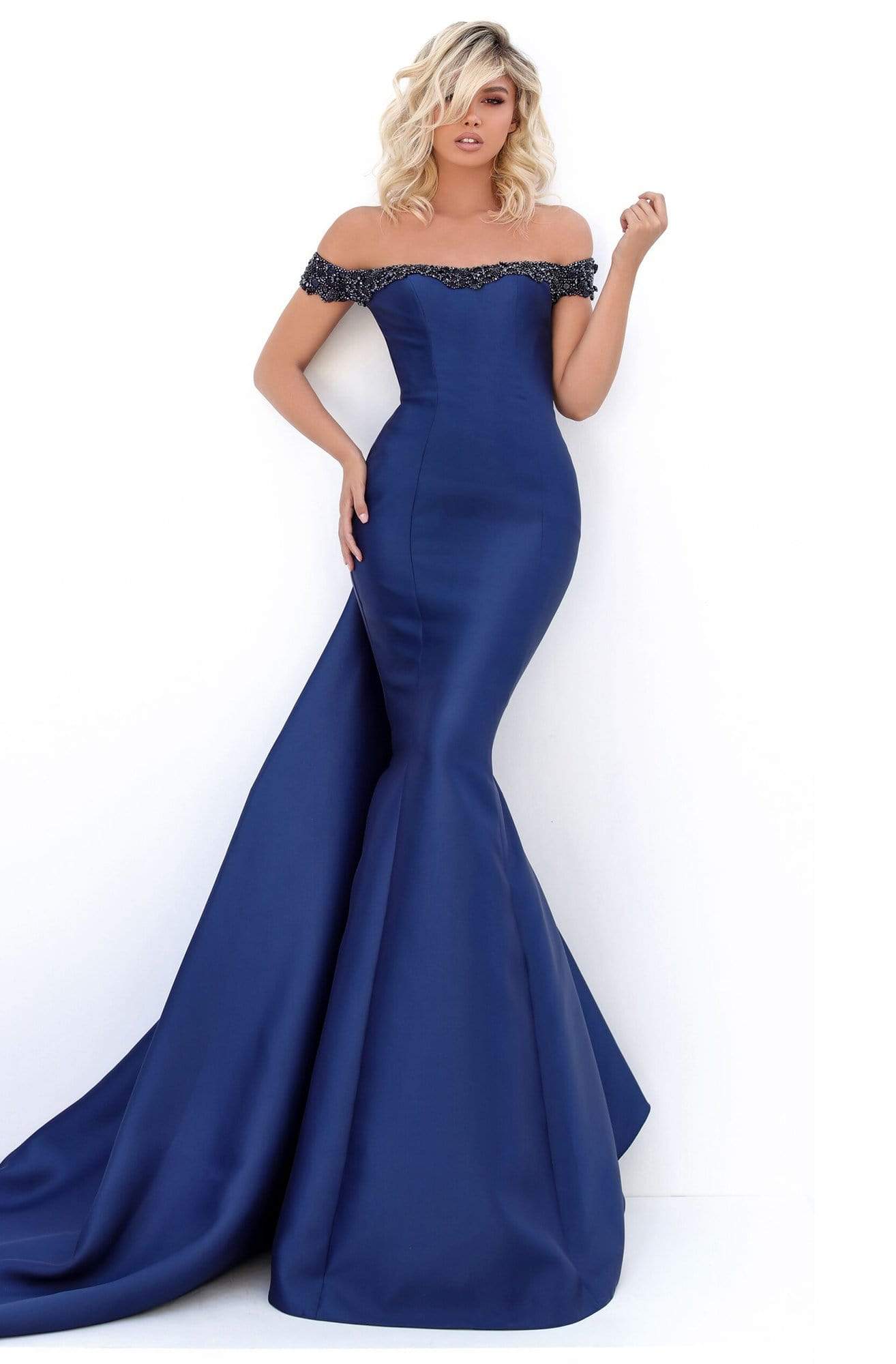 Tarik Ediz - 50704 Embellished Off-Shoulder Mermaid Dress With Train Prom Dresses 0 / Navy