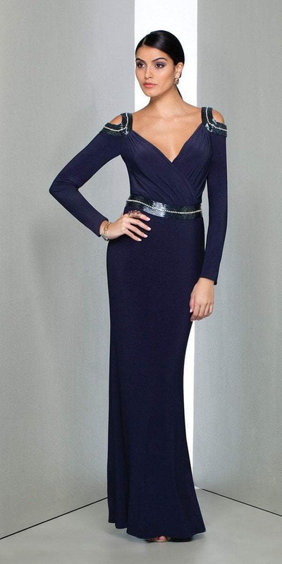 Mignon - Ruched V-Neckline Evening Gown VM1590B in Blue