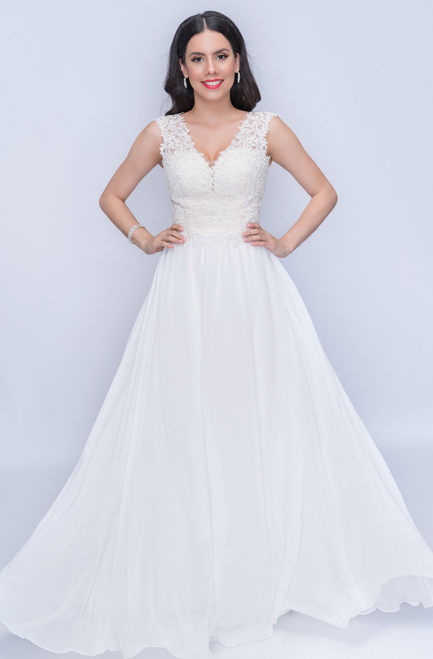 Nina Canacci - 1449 Embellished Lace Bodice A Line Gown in White