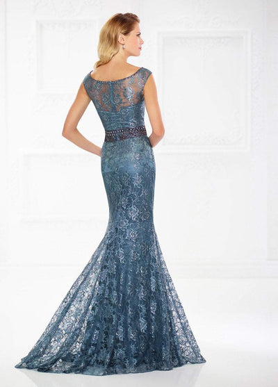 Mon Cheri Cap Sleeves Lace Mermaid Gown 118982 In Blue and Gray