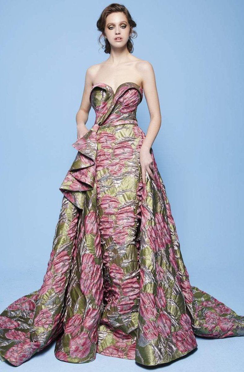 MNM Couture - N0231 Folded Strapless Sweetheart Metallic Floral Gown in Pink and Green