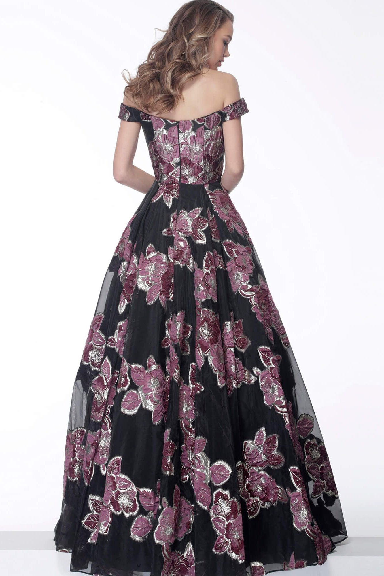 Jovani - 64089 Off-Shoulder Printed Long Dress In Black and Pink