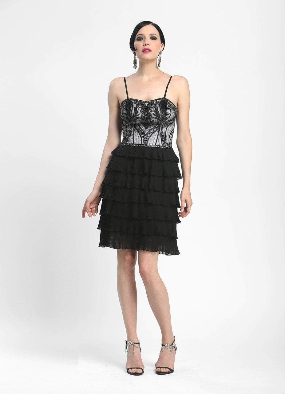 Sue Wong N4100 - Short Sheath Dress - Spaghetti Straps, Mid-Open Back, Side Zipper Closure, Scroll Beaded Bodice, Ruffled Tiers, Accordion Pleated, Sue Wong N4100 - Short Sheath Dress - Spaghetti Straps, Mid-Open Back, Side Zipper Closure, Scroll Beaded Bodice, Ruffled Tiers, Accordion Pleated,