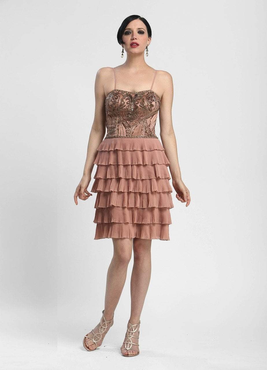 Sue Wong N4100 - Short Sheath Dress - Spaghetti Straps, Mid-Open Back, Side Zipper Closure, Scroll Beaded Bodice, Ruffled Tiers, Accordion Pleated, Sue Wong N4100 - Short Sheath Dress - Spaghetti Straps, Mid-Open Back, Side Zipper Closure, Scroll Beaded Bodice, Ruffled Tiers, Accordion Pleated,