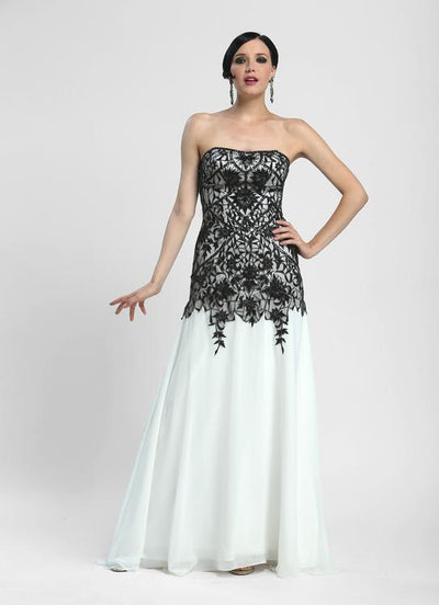 Sue Wong - N4134 Strapless Lace Overlay A-line Gown in White and Black
