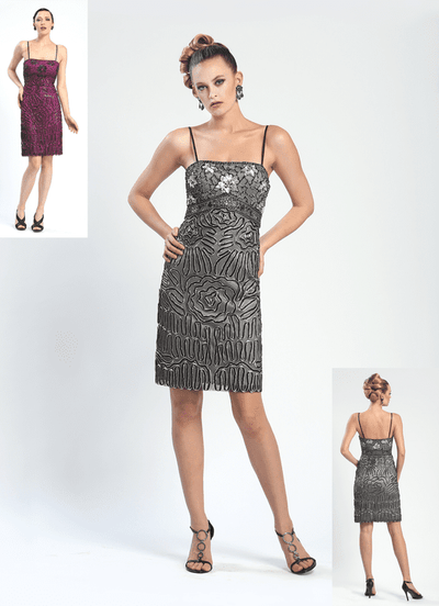 Sue Wong - N4333 Spaghetti Strap Beaded Sheath Cocktail Dress in Black and Silver