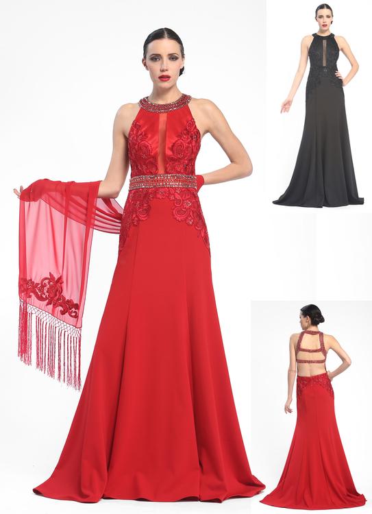 Sue Wong - N5377 Sheer Paneled Ornate Halter Gown in Red