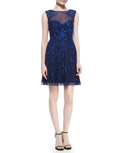 Adrianna Papell - 54465630 Illusion Jewel Sequined Mesh Cocktail Dress In Blue