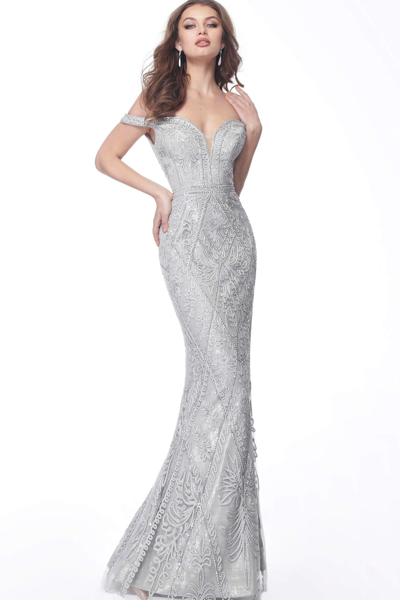 Jovani - Embroidery-Ornate Deep Off-Shoulder Trumpet Dress 68130SC In Gray and Silver