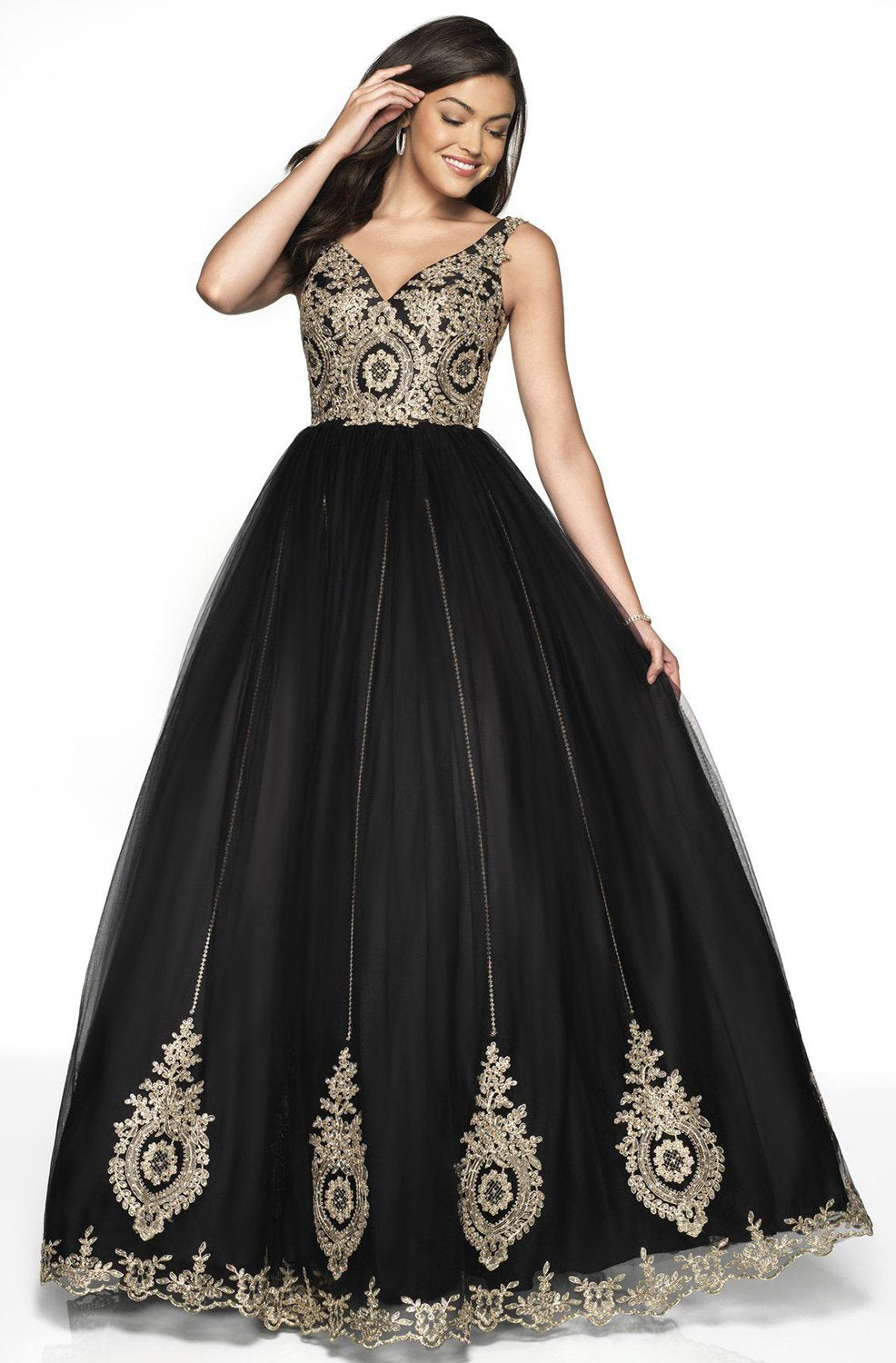 Blush by Alexia Designs - 5710 Metallic Lace V-neck Tulle Ballgown In Black and Gold