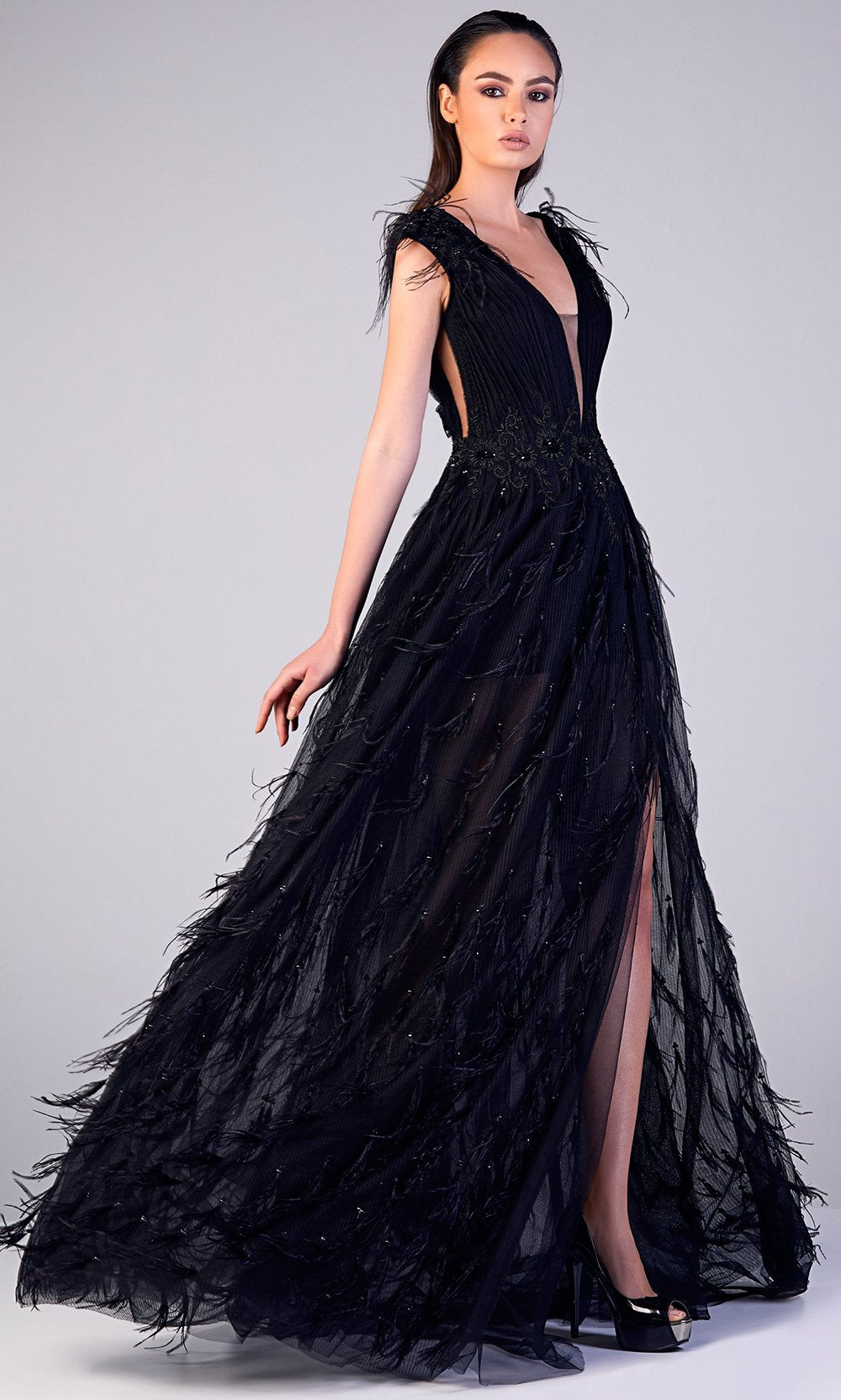 Gatti Nolli Couture - Embellished V-neck Feathered A-line Gown OP-5170 In Black