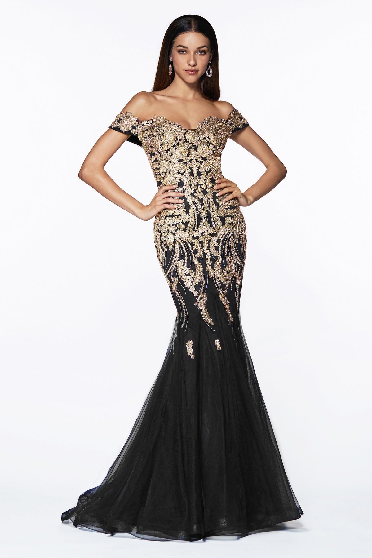 Cinderella Divine - KV1035SC Lace Embellish Off-Shoulder Mermaid Gown