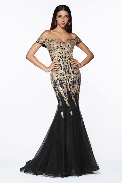 Cinderella Divine - KV1035SC Lace Embellish Off-Shoulder Mermaid Gown