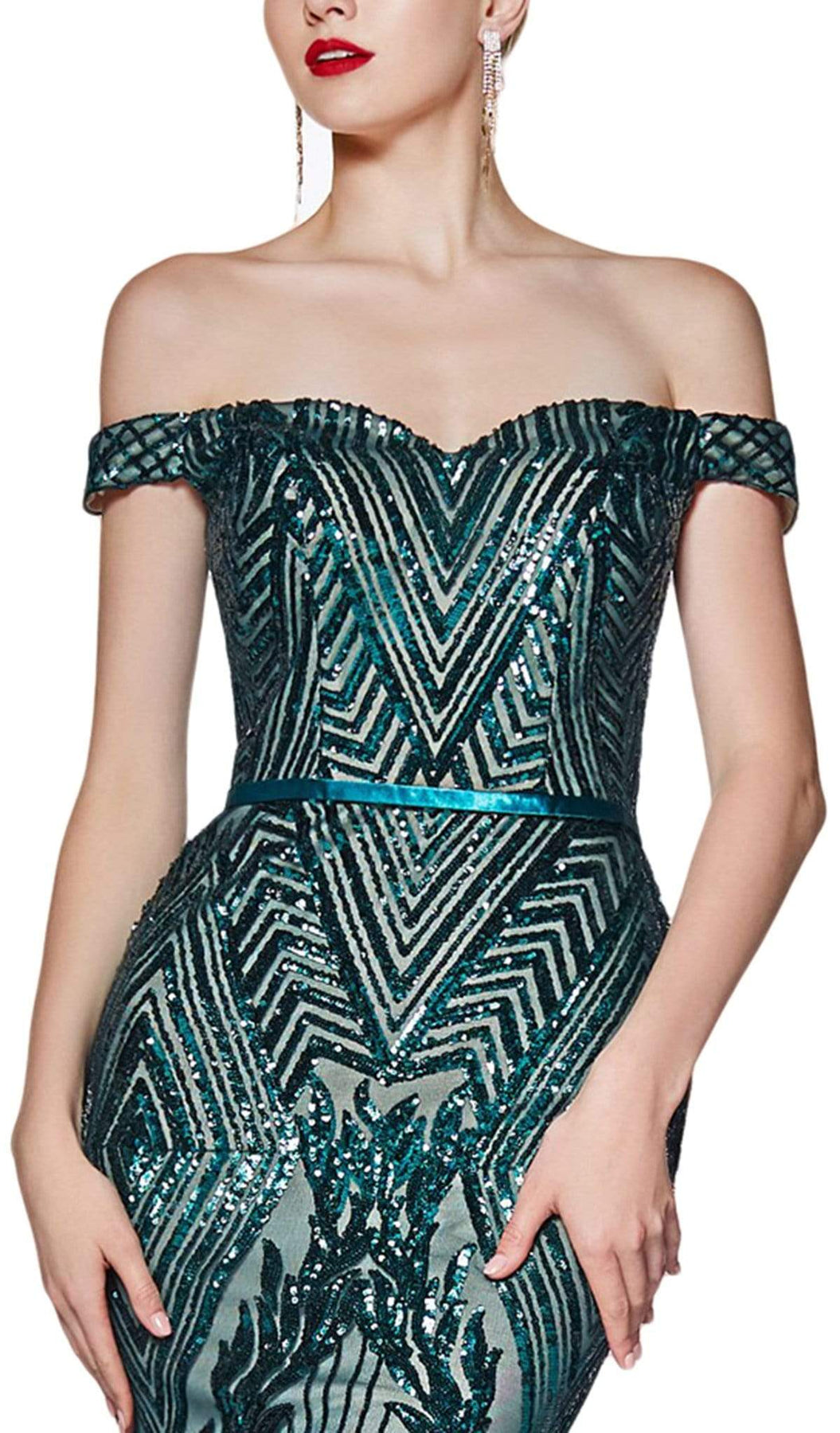 Cinderella Divine - CB0039 Sparkly Sequin Off-Shoulder Evening Gown Evening Dresses