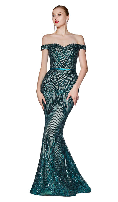 Cinderella Divine - CB0039 Sparkly Sequin Off-Shoulder Evening Gown Evening Dresses 2 / Green