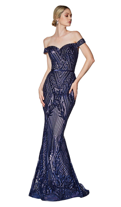 Cinderella Divine - CB0039 Sparkly Sequin Off-Shoulder Evening Gown Evening Dresses 2 / Navy