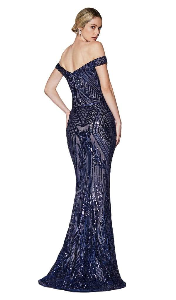 Cinderella Divine - CB0039 Sparkly Geomtric Sequin Off-Shoulder Evening Gown - 1 pc Navy in Size 12 Available CCSALE