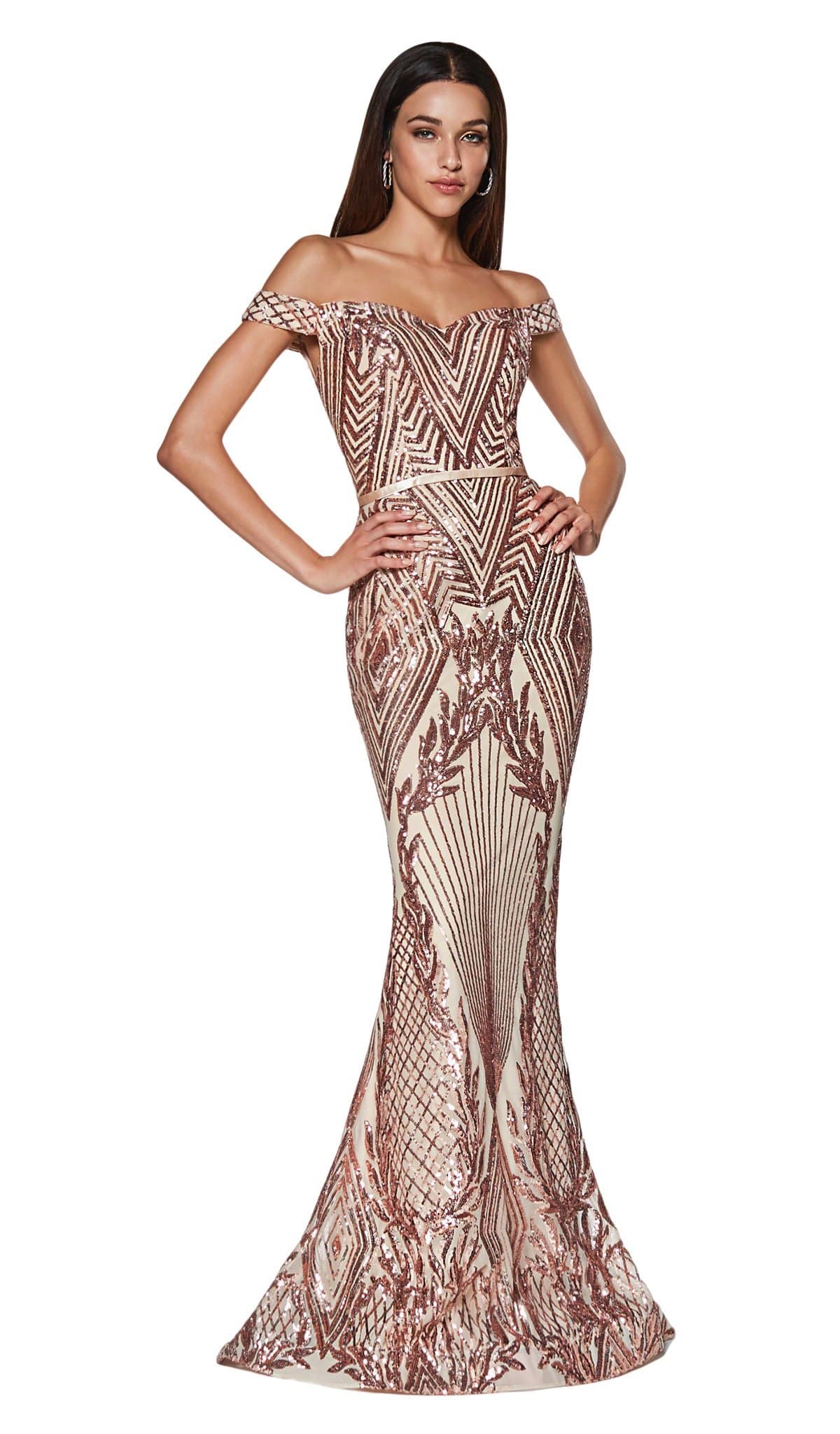 Cinderella Divine - CB0039 Sparkly Sequin Off-Shoulder Evening Gown Evening Dresses 2 / Rose Gold
