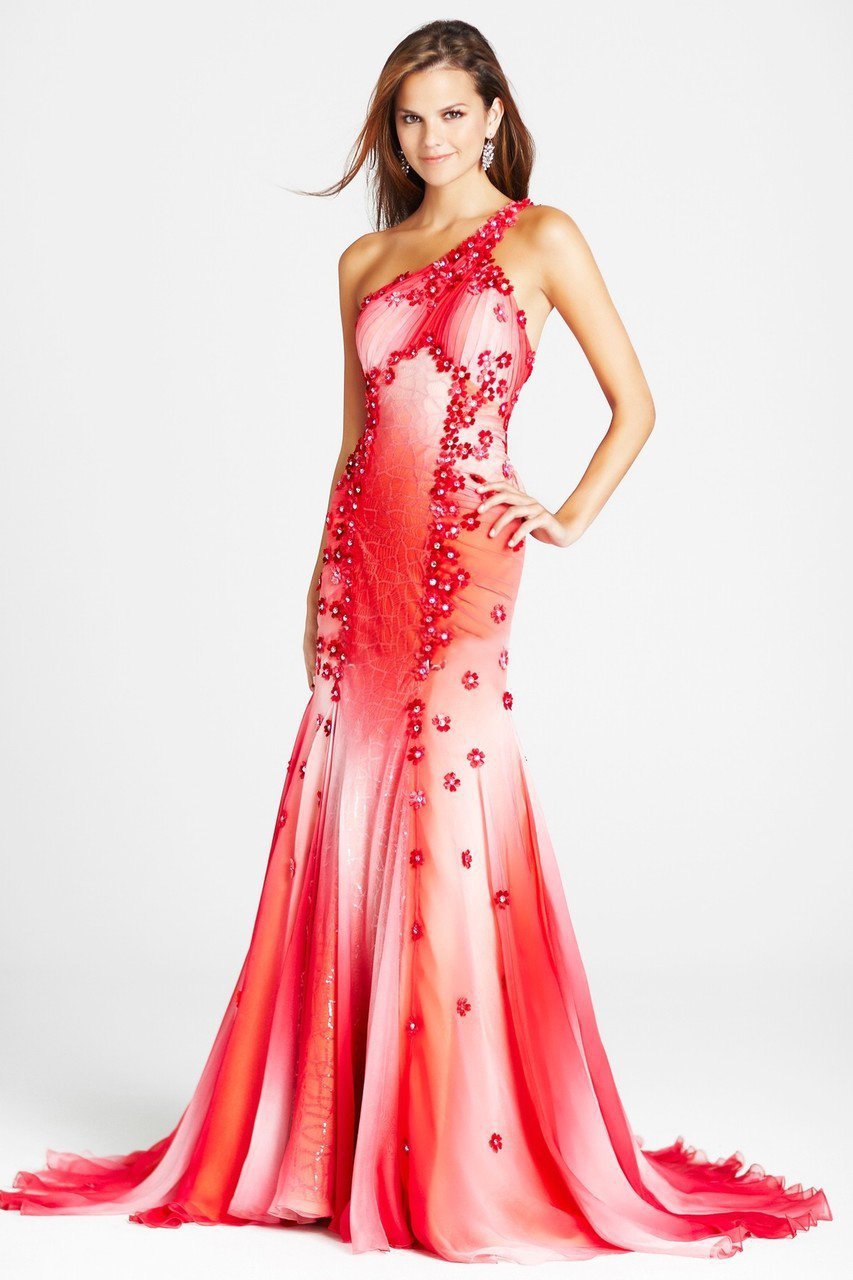 Blush - P024 Asymmetric Floral Embellished Evening Gown Special Occasion Dress 0 / Red Ombre