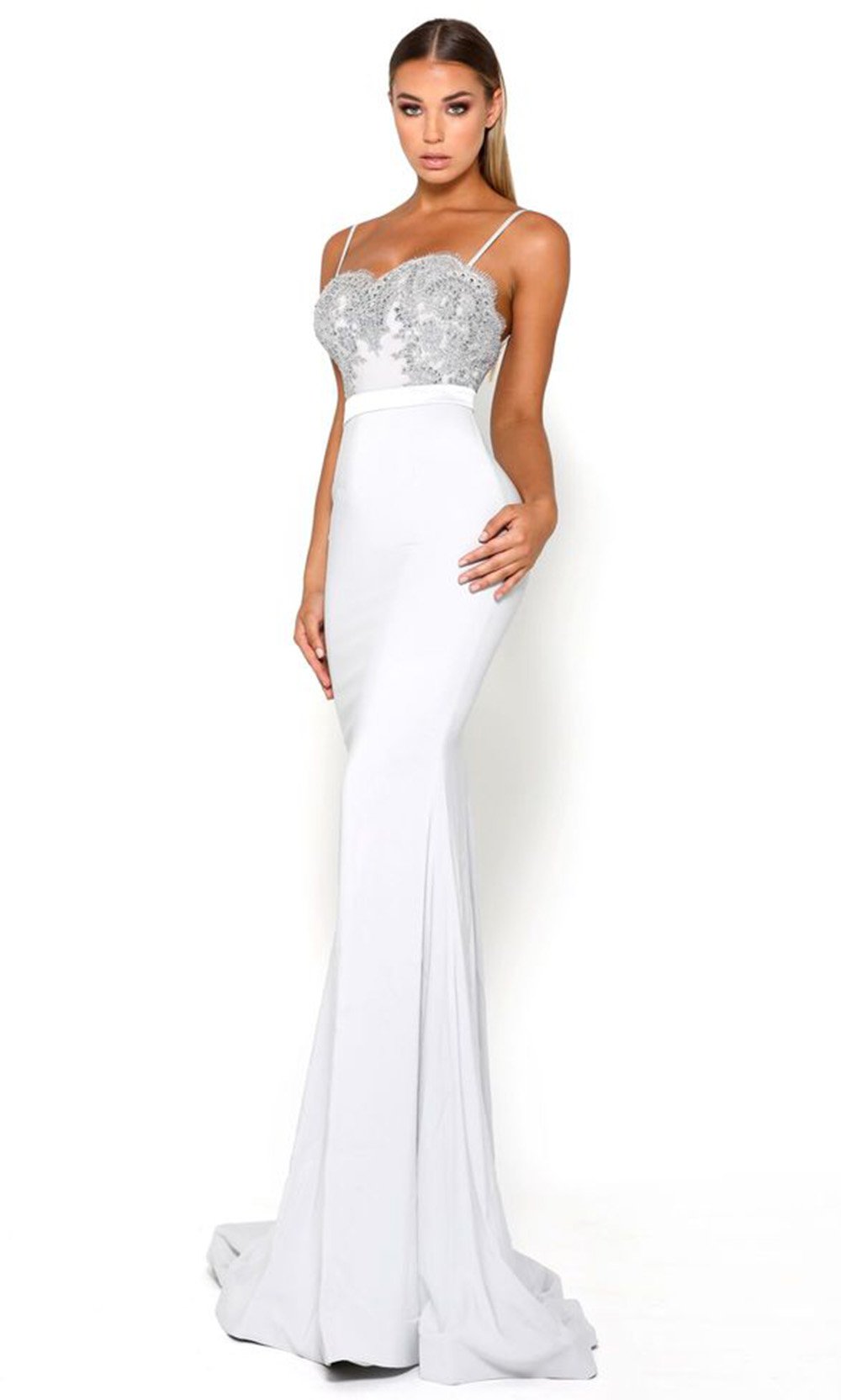 Portia and Scarlett - Lody Sienna With Lace Train 4 Embellished Gown In Silver