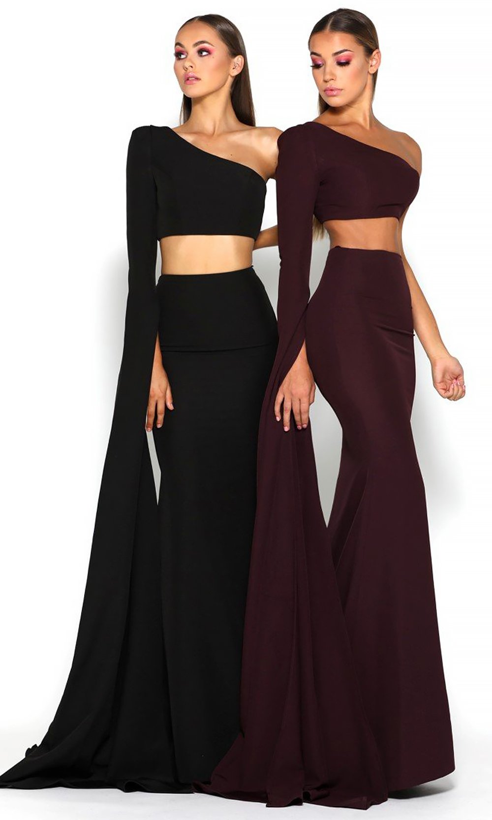 Portia and Scarlett - Jennifer 2PCS Cascading Sleeve Two-Piece Dress In Black and Purple