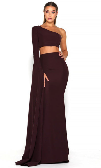 Portia and Scarlett - Jennifer 2PCS Cascading Sleeve Two-Piece Dress In Purple and Brown