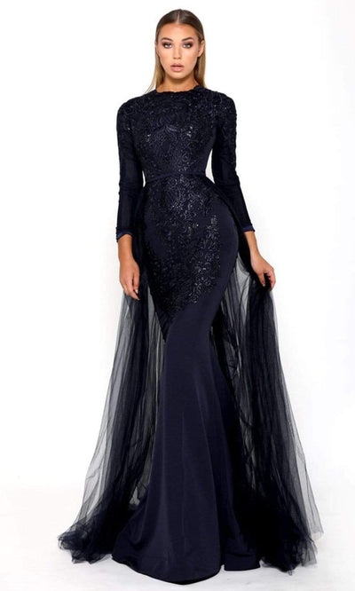 Portia and Scarlett - Laurent Glisten Lace Mermaid Gown with Overskirt Prom Dresses 0 / Navy