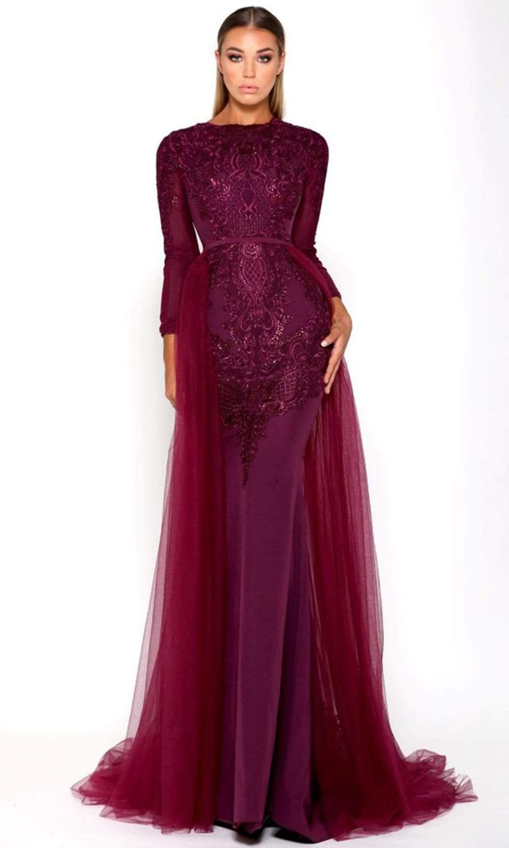 Portia and Scarlett - Laurent Glisten Lace Mermaid Gown with Overskirt Prom Dresses 0 / Plum