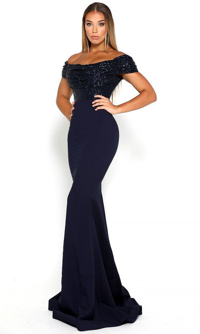 Portia and Scarlett - Mermaid Gown Sequin-Draped Off Shoulder Gown In Blue