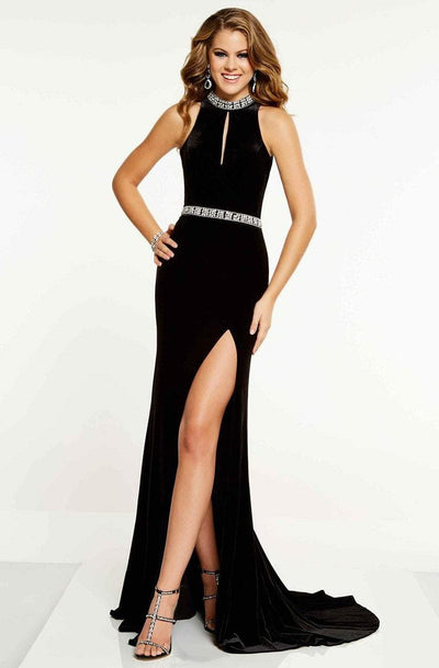 Panoply - 14860 Keyhole Cutout Bejeweled Choker Velvet Gown In Black