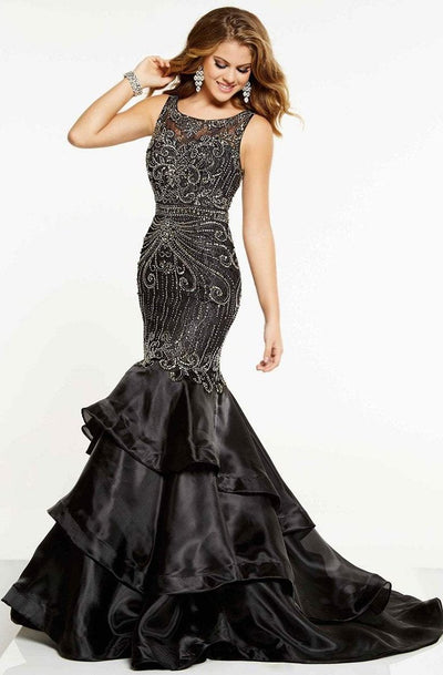 Panoply - 14862 Three Tiered Fitted Mermaid Gown In Black