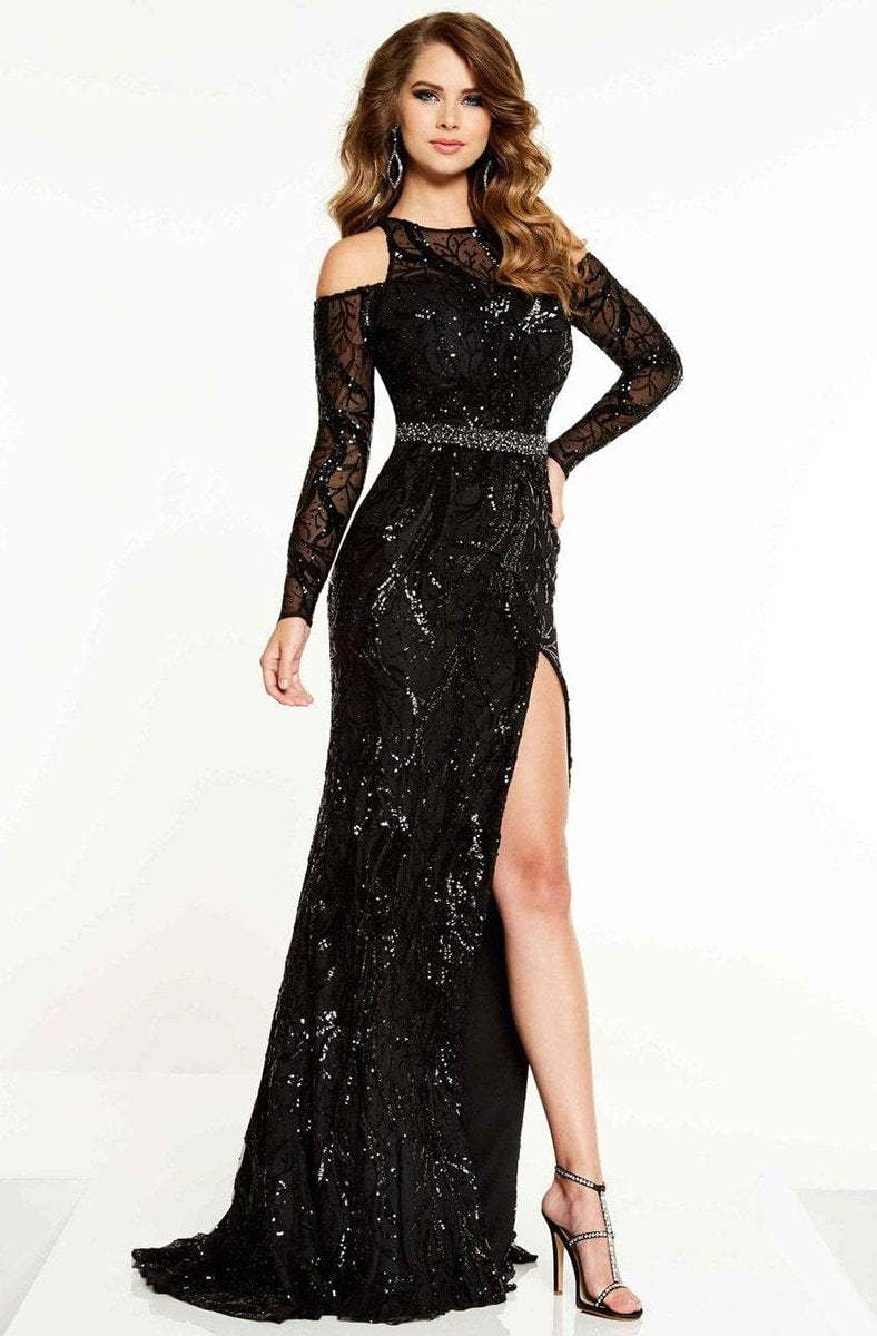 Panoply - 14868 Cold Shoulder Long Sleeve Sequined Gown In Black