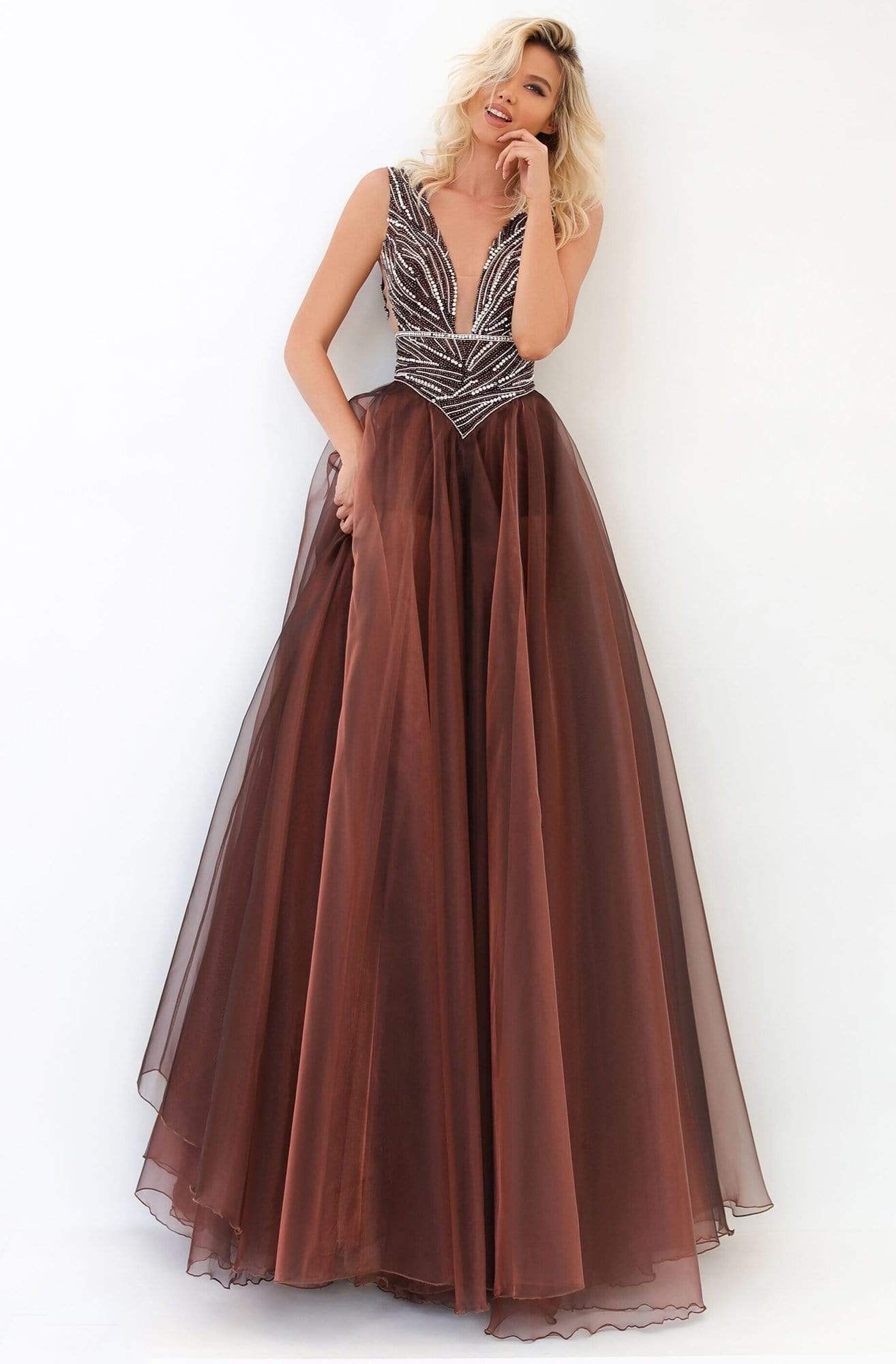 Tarik Ediz - 93939 V-Neck Bejeweled A-Line Dress Prom Dresses 0 / Brown