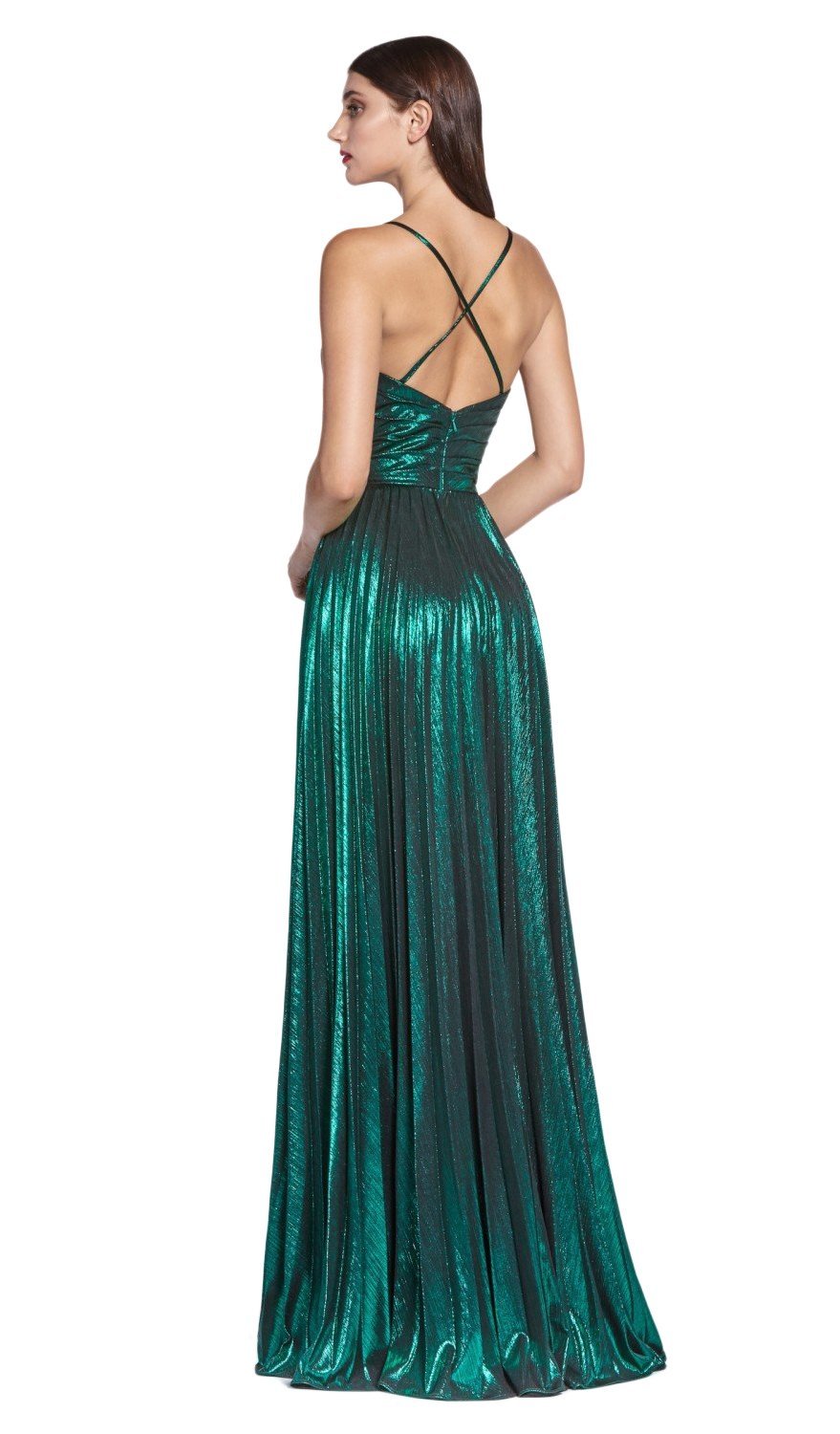 Cinderella Divine - CJ531 Metallic Pleated V Neck A-Line Dress In Green