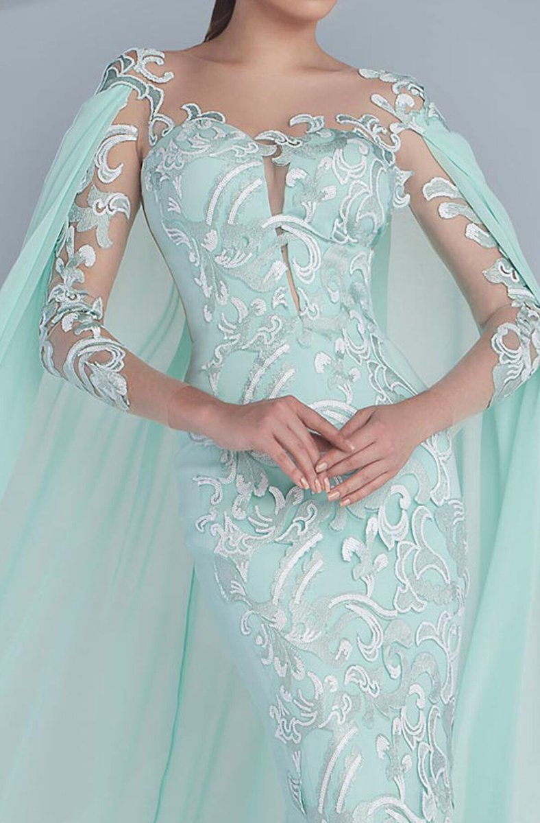 MNM Couture - Embroidered Illusion Cape Gown G0603 in Green