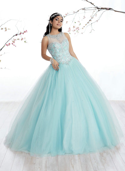 Fiesta Gowns - 56315 Sleeveless Beaded Jewel Tulle Ballgown Special Occasion Dress 0 / Krystal Blue/Champagne
