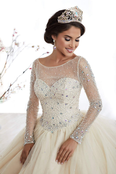 Fiesta Gowns - 56321 Beaded Long Sleeve Illusion Bateau Tulle Ballgown Special Occasion Dress