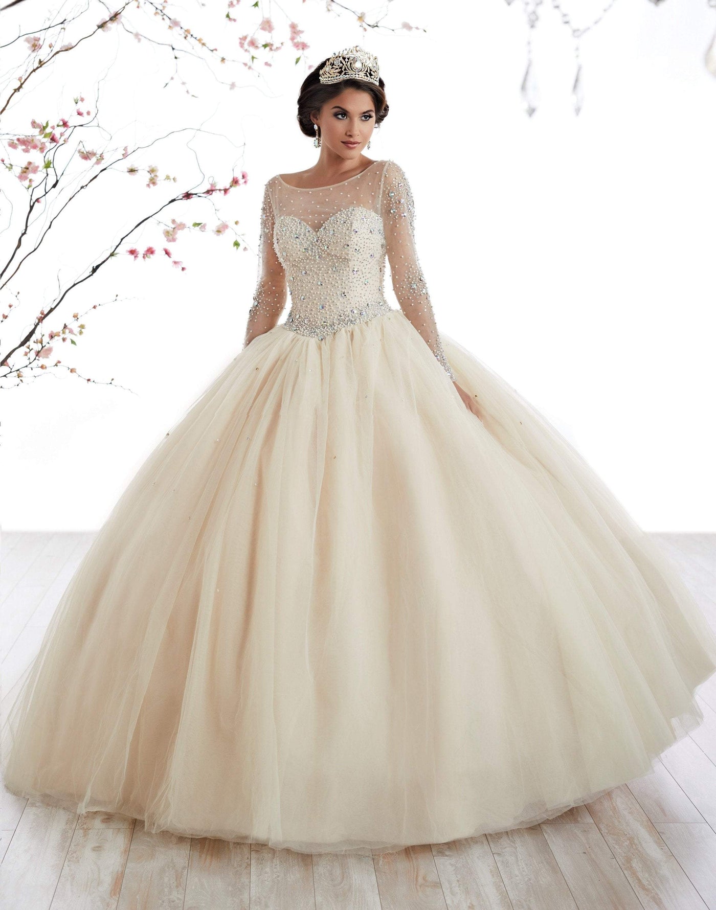 Fiesta Gowns - 56321 Beaded Long Sleeve Illusion Bateau Tulle Ballgown Special Occasion Dress 0 / Champagne