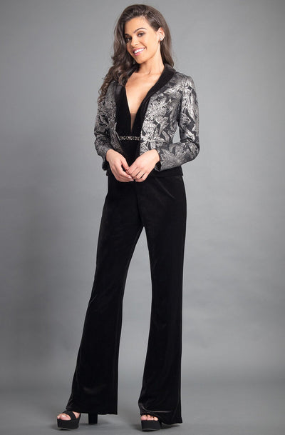 Rachel Allan Couture - 8353 Plunging V-Neck Jumpsuit with Jacket in Black