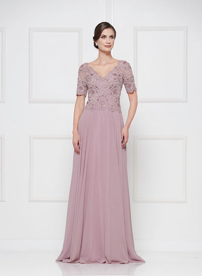 Rina Di Montella - RD2648 Applique V-neck Chiffon A-line Dress in Pink