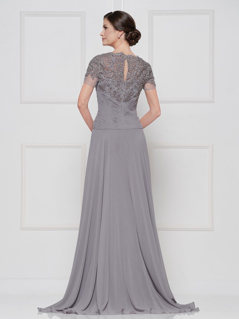 Rina Di Montella - RD2649 Short Sleeve Beaded Empire Chiffon Gown In Silver and Gray