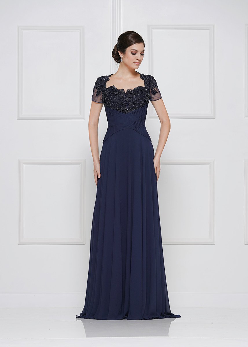 Rina Di Montella - RD2649 Short Sleeve Beaded Empire Chiffon Gown In Blue