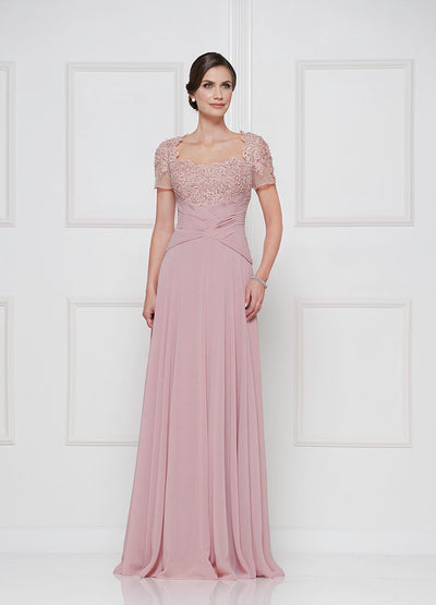 Rina Di Montella - RD2649 Short Sleeve Beaded Empire Chiffon Gown In Pink